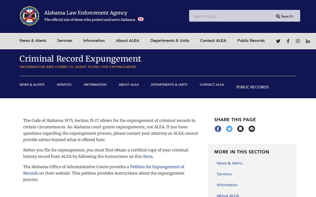 ALEA criminal record expungement guidance