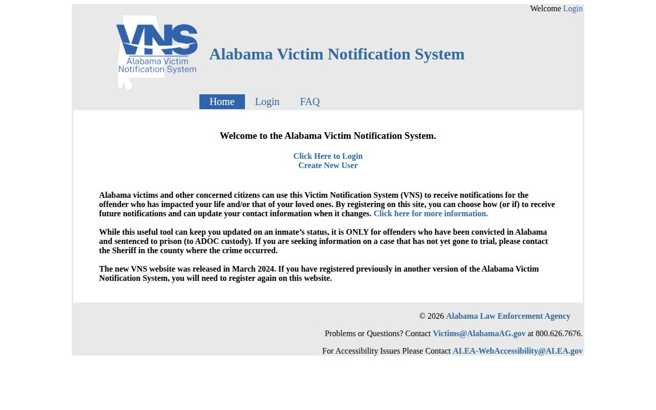 Official Alabama State Victim Notification Service scope page